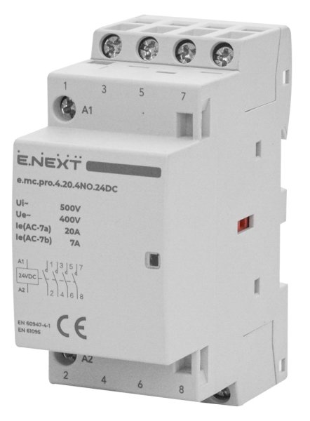 Модульний контактор e.mc.pro.4.20.4NO.24DC, 4р, 20А, 4NO, 24В p005319 E.NEXT