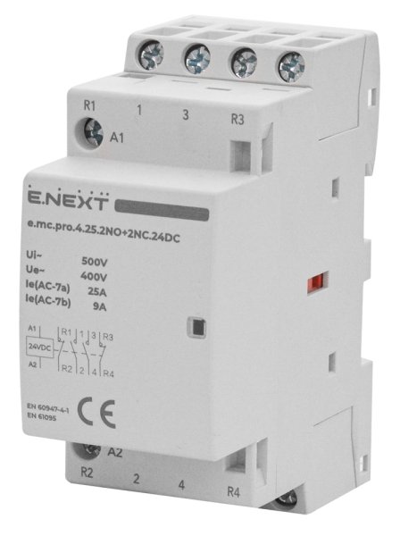 Модульний контактор e.mc.pro.4.25.2NO+2NC, 4р, 25А, 2NO+2NC, 24В p005322 E.NEXT