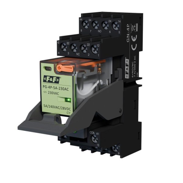 Інтерфейсне реле GPK-4P-230AC-BL в комплекті з роз'ємом, з LED та фіксуючий затискач F&F