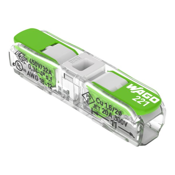 Клемний затискач 2 входи (0.2-4.0 мм.кв) 32А/450V CU, з важелем Green Range WAGO 221-2421