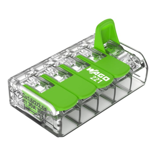 Клемний затискач 5 входи (0.5-6.0 мм.кв) 41А/450V CU, з важелем Green Range 221-625 WAGO