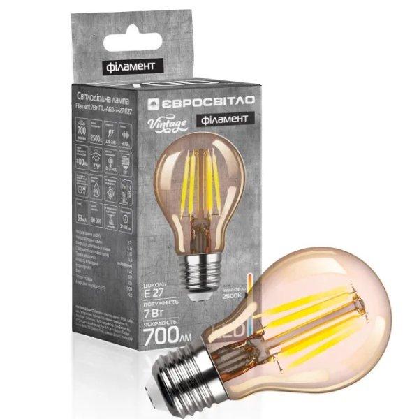 Лампа LED Євросвітло Filament 7Вт FIL-A60-7-27 Е27 вінтажна 000059860