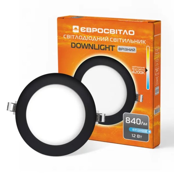Світильник точковий врізний ЕВРОСВЕТ 12Вт коло чорний LED-R-170-12 4200К 000059987