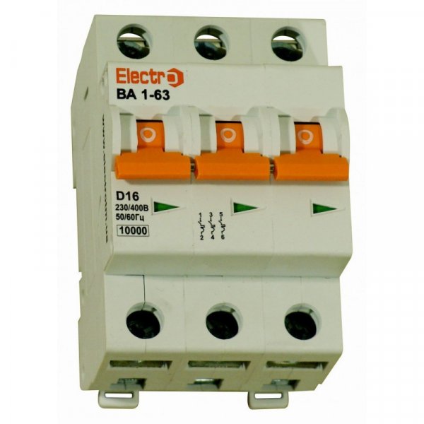 Модульный автоматический выключатель ВА1-63 3P, 10A, 10кА, D, Electro