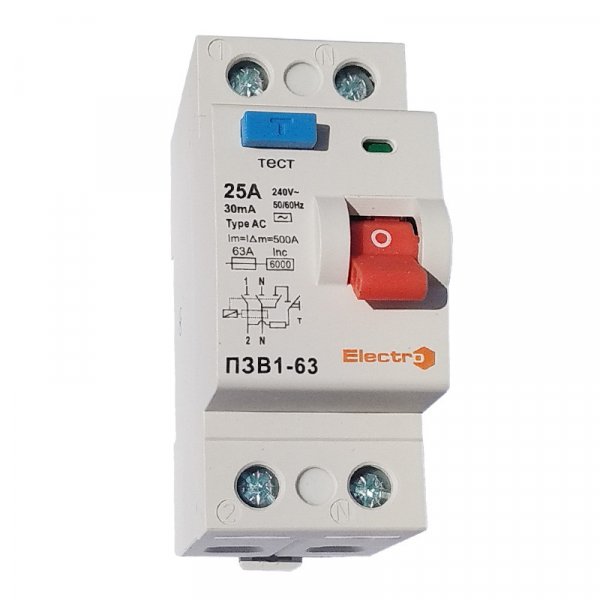 Пристрій захисного відключення ПЗВ1-63, 2P, 25А, 30мА, 6kА, тип АС, Electro