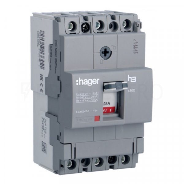Автоматичний вимикач HDA025L x160, In=25А, 3п, 18kA, Hager