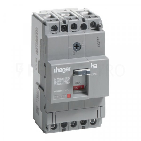 Автоматичний вимикач HDA080L x160, In=80А, 3п, 18kA, Hager