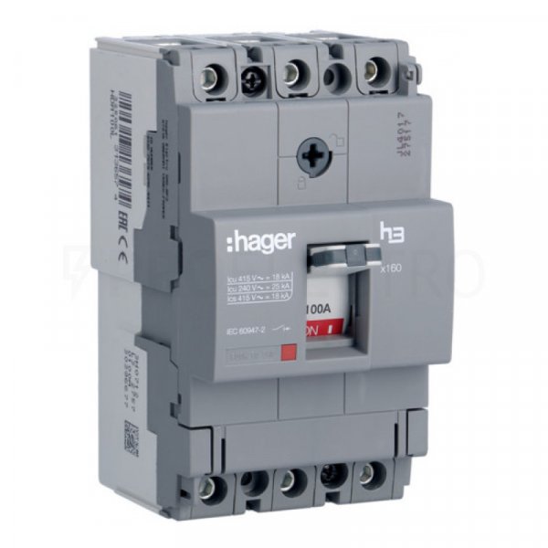 Автоматичний вимикач HDA100L x160, In=100А, 3п, 18kA, Hager