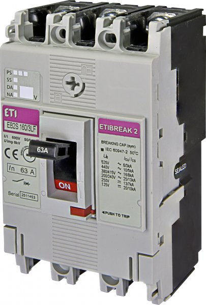 Автоматичний вимикач ETI 4671807 EB2S 160/3LF 63А 3P (16kA фіксовані налаштування)