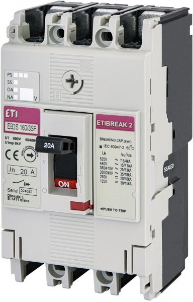 Автоматический выключатель ETI 4671828 EB2S 160/3SF 20А 3P (25kA фиксированные настройки)
