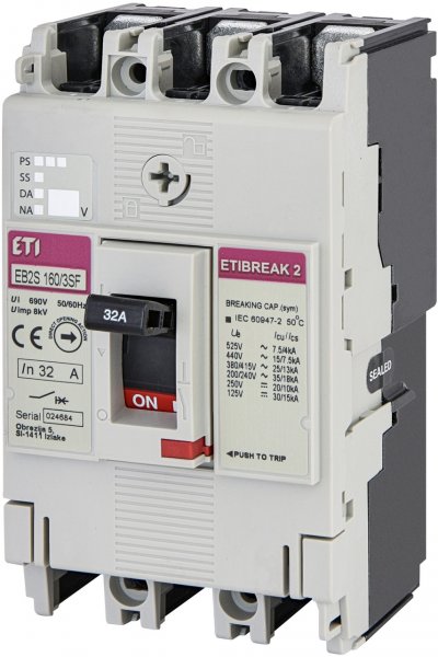 Автоматичний вимикач ETI 4671830 EB2S 160/3SF 32А 3P (25kA фіксовані налаштування)