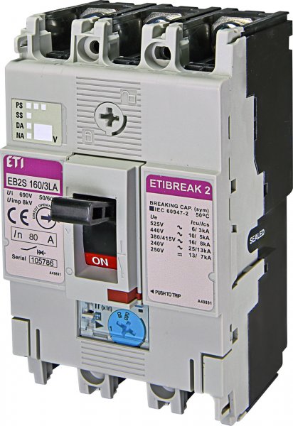 Автоматический выключатель ETI 4671882 EB2S 160/3LA 80А 3P (16kA регулируемый)