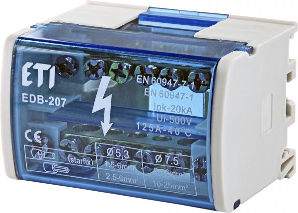 Блок распределительный EDB-207 2p L+PE/N 125A (7 выходов), 1102300 ETI