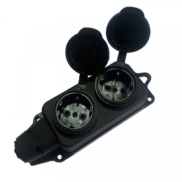 Колодка с 2 розетками наружной установки S-02DW2 с заглушками 2х2P+PE, 16А, 250В, IP44 ElectrO