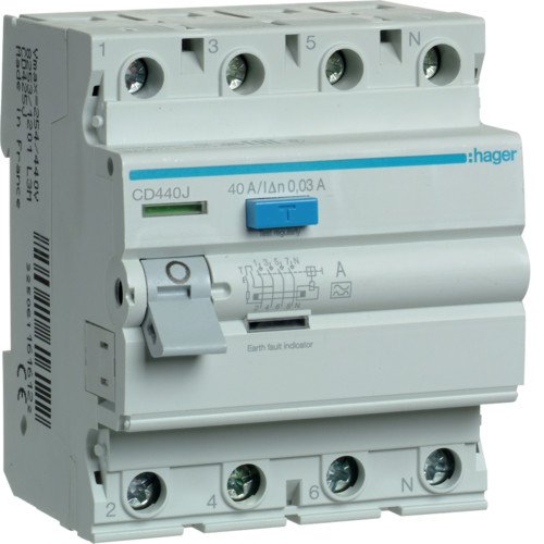 Дифференциальное реле (УЗО) CD440J 4P 40A 30mA тип A  Hager CDA440D