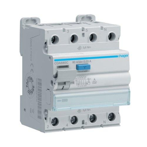 Дифференциальное реле (УЗО) CDA680C 4P 10kA 80A 30mA тип A  Hager