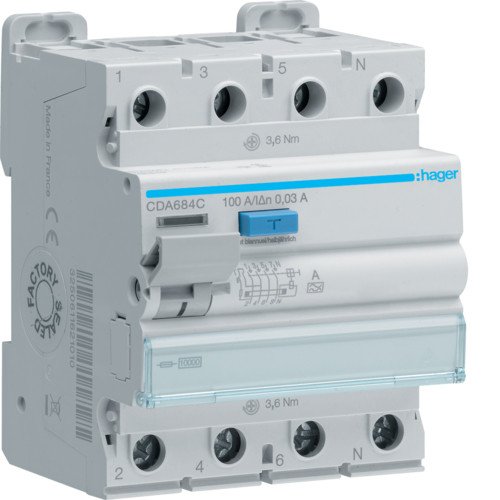 Дифференциальное реле (УЗО) CDA684C 4P 10kA 100A 30mA тип A  Hager