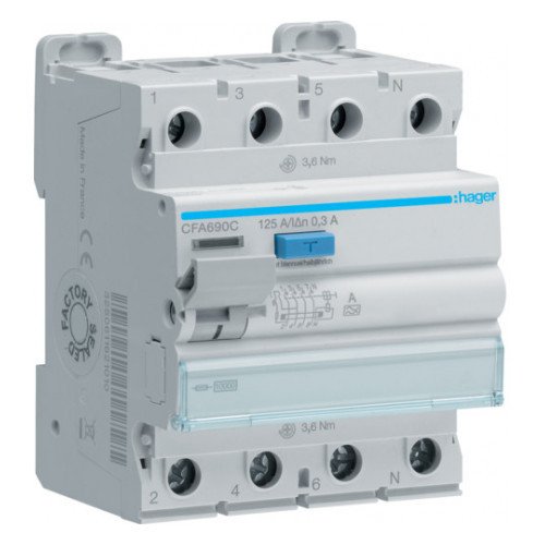 Дифференциальное реле (УЗО) CFA690C 4P 10kA 125A 300mA тип A Hager