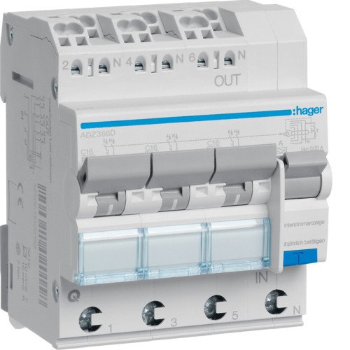 ADZ366D Диференційний автоматичний вимикач 3x(1P+N) 6kA C-16A 30mA тип-А QuickConnect Hager