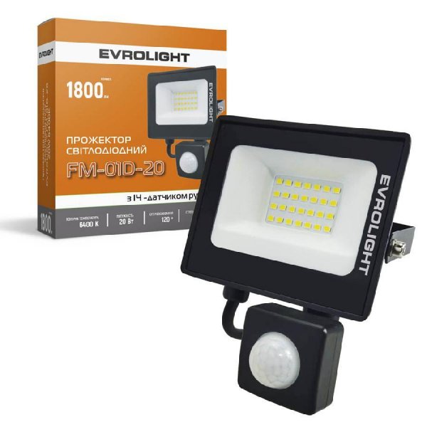 Прожектор светодиодный с датчиком движения EVROLIGHT FM-01D-20 20W 6400К 000057040