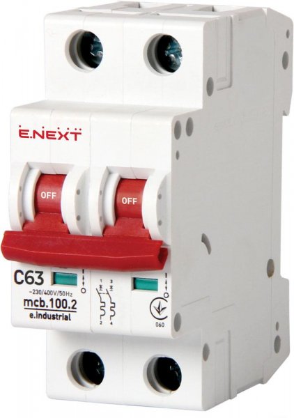 I0180018 Модульний автоматичний вимикач e.industrial.mcb.100.2.C63, 2 р, 63А, C, 10кА