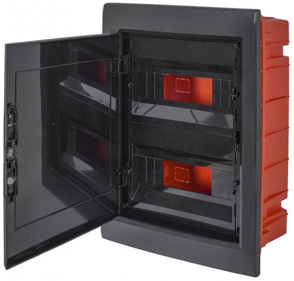 CP12924B Корпус пластиковий на 24 модулів e.plbox.pro.w.24b.black вбудованний, чорний з непрозорими дверцятами IP40