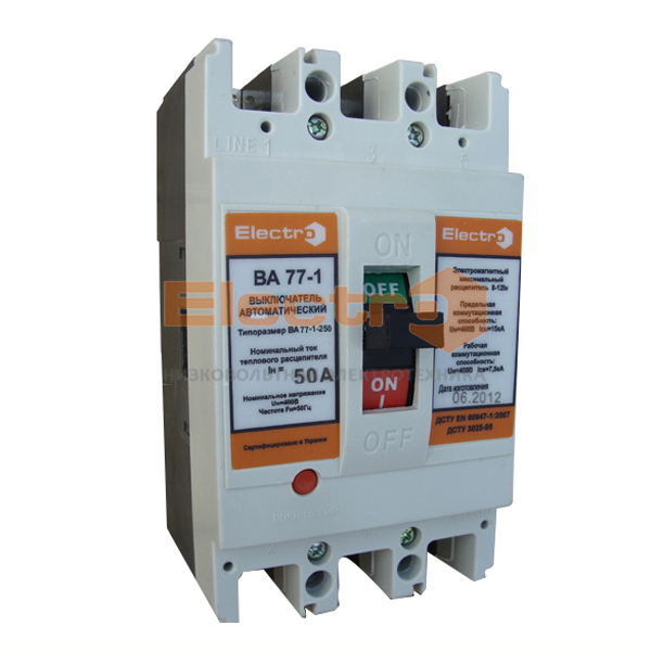 Автоматический выключатель ВА77-1-63, 3Р, 10А, 10In (8-12In), Icu 25кА, Ics 18кА, 400В, Electro