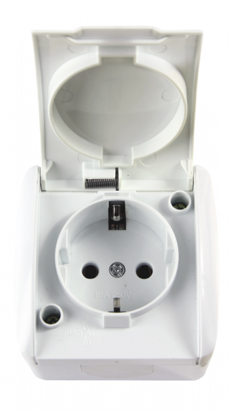 S035056 Розетка одинарна e.aqua.1231.gr з з/к для зовнішнього монтажу IP54 кришка біла E.NEXT