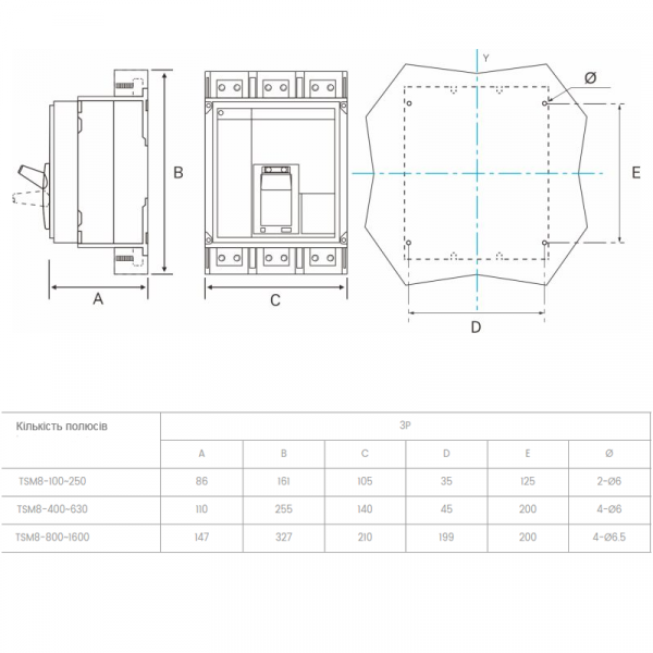 Автоматический выключатель TSM8-1000H 3Р 1000А (400-1000) Ics 70kA / Icu 70kA с электронным расцепителем TOSUNLux