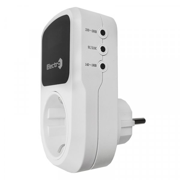 Реле контролю напруги побутове РП з чорним дисплеєм, розеткове, цифрове, 16А, 150-210В/230-280В, 5сек. - 999сек. ElectrO