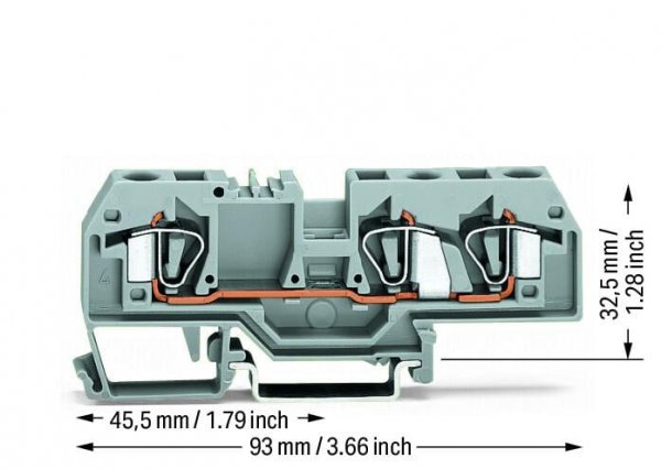 Клема проходная с пружинным зажимом наборная 3-проводная 6,0 мм² серая, WAGO