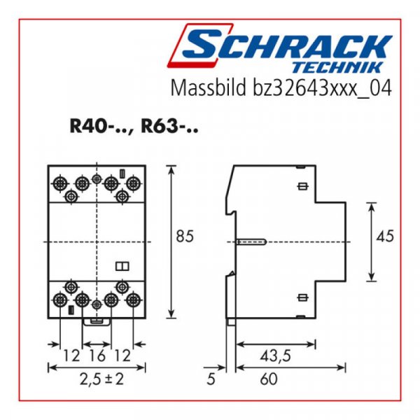 Контактор модульний 63А 4НО 230В AC Schrack BZ326444