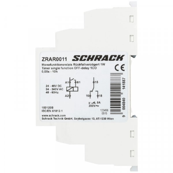 Таймер сигнальний функція OFF-затримка AMPARO, 24VAC/DC+230VAC, 1 перекидний контакт, 5А Schrack ZRAR0011