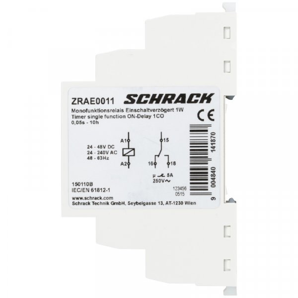 Таймер сигнальний функція ON-затримка AMPARO, 24VAC/DC+230VAC, 1 перекидний контакт, 5А Schrack ZRAE0011