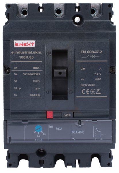 Силовой автоматический выключатель e.industrial.ukm.100R.80 с регулировкой, 3р, 80А i091004 E.NEXT