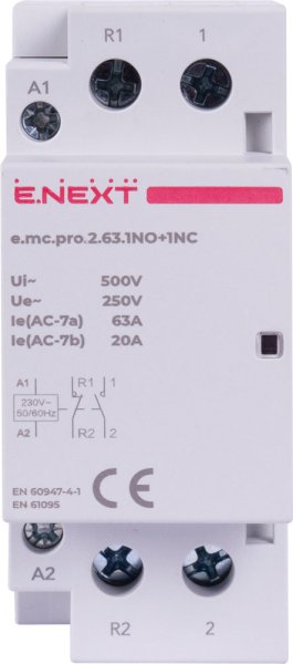 Модульний контактор e.mc.pro.2.63.1NO+1NC, 2р, 63А, 1NO+1NC, 220В p005228 E.NEXT