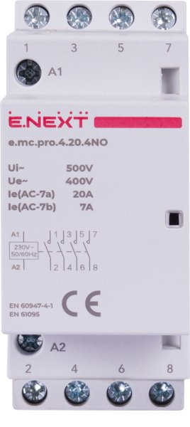 Модульный контактор e.mc.pro.4.20.4NO, 4р, 20А, 4NO, 220В p005219 E.NEXT