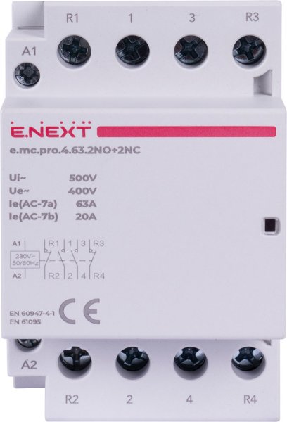 Модульный контактор e.mc.pro.4.63.2NO+2NC, 4р, 63А, 2NO+2NC, 220В p005231 E.NEXT