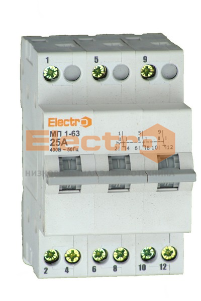 Перемикач навантаження трипозиційний МП 1-63 3P 25A I-0-II 230B/400B Electro