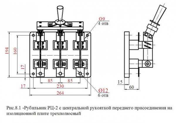 Рубильник РЦ-4 400А з центральною рукояткою (всередині шафи), без олова, мідні контакти