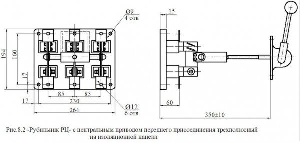 Рубильник РЦ-1 100А с центр. приводом перед. присоед. (снаружи шкафа), без олова, медные контакты