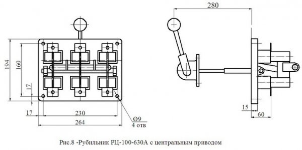 Рубильник РЦ-4 400А с центр. приводом заднего присоед. (снаружи шкафа), без олова, медные контакты
