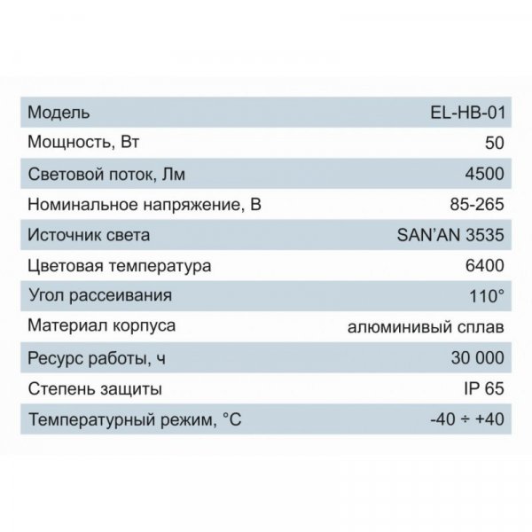 Светильник высоких потолков EL-HB-01 50Вт 95-265В 6400K 4500Lm SAN'AN LED с линзами Electro