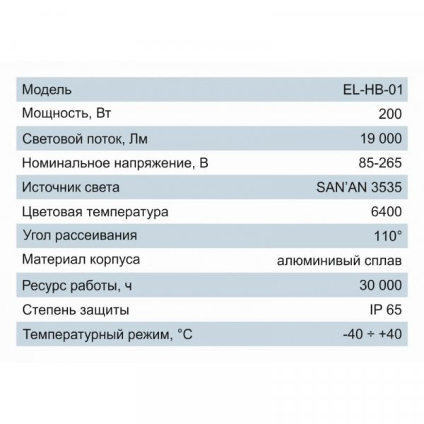 Светильник высоких потолков EL-HB-01 200Вт 95-265В 6400K 19000Lm SAN'AN LED с линзами Electro