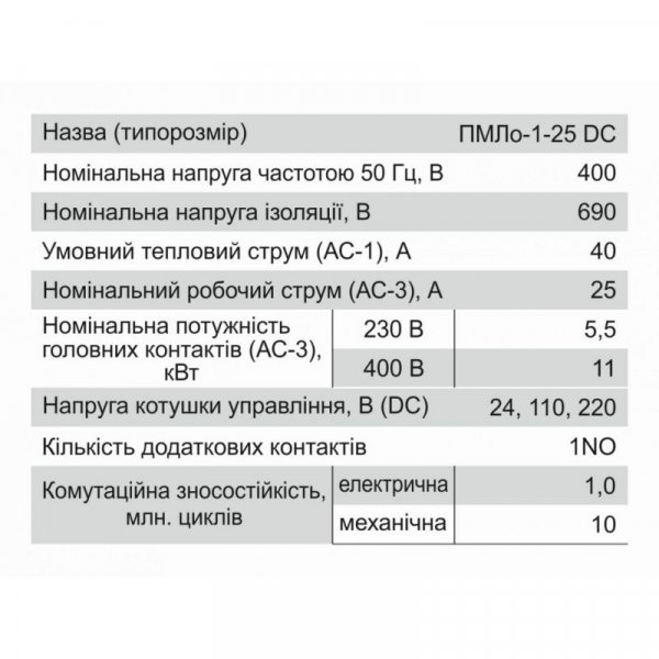 Контактор постійного струму ПМЛоDC-1-25, тип DC, 25А, котушка 110В, AC3, 1NO, Electro