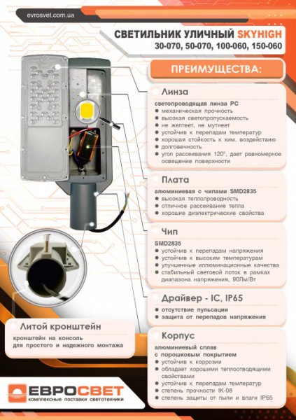 Светильник уличный консольный ЕВРОСВЕТ 50Вт 6400К SKYHIGH-50-070 000040922