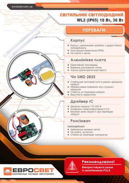 Світильник світлодіодний промисловий EVROLIGHT WL2-36-K 36Вт 6400K IP65 000056806