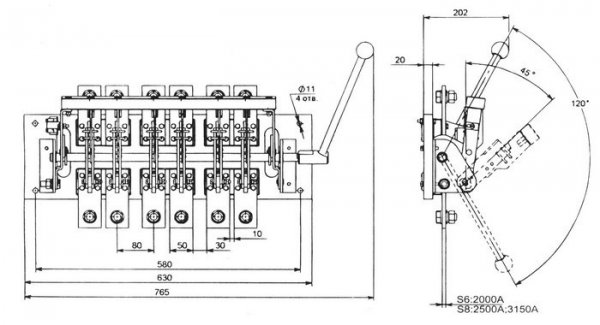 Разъединитель РЕ 19-44-311200 2000А 3Р левый с боковой рукояткой на изоляционной плите (ИП)