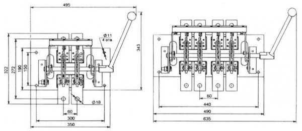 Разъединитель РЕ 19-44-311200 2000А 3Р левый с боковой рукояткой на изоляционной плите (ИП)