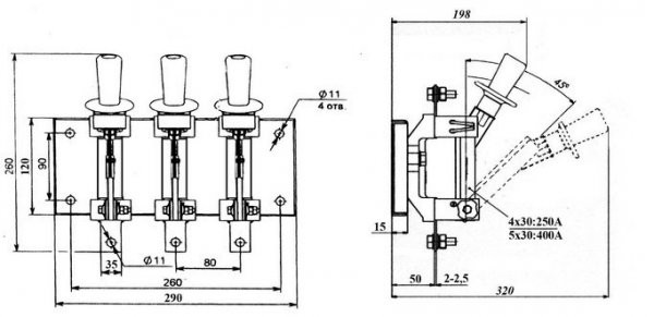 Разъединитель РЕ 19-31-311700 100А 3Р переднего присоединения с рукояткой для пополюсного оперирования